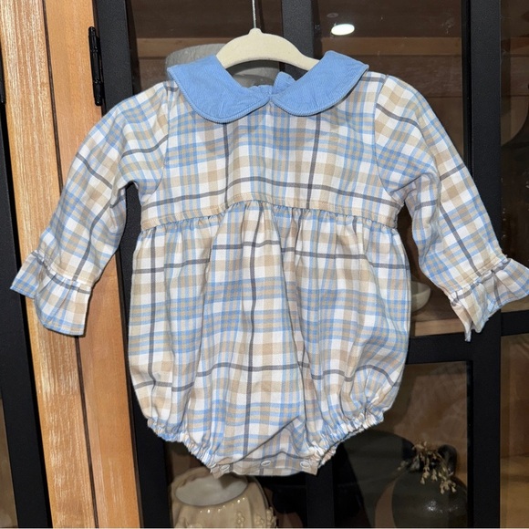 Stitchy Fish plaid bubble romper peter pan corduroy baby girl long sleeve ruffle - Picture 1 of 7